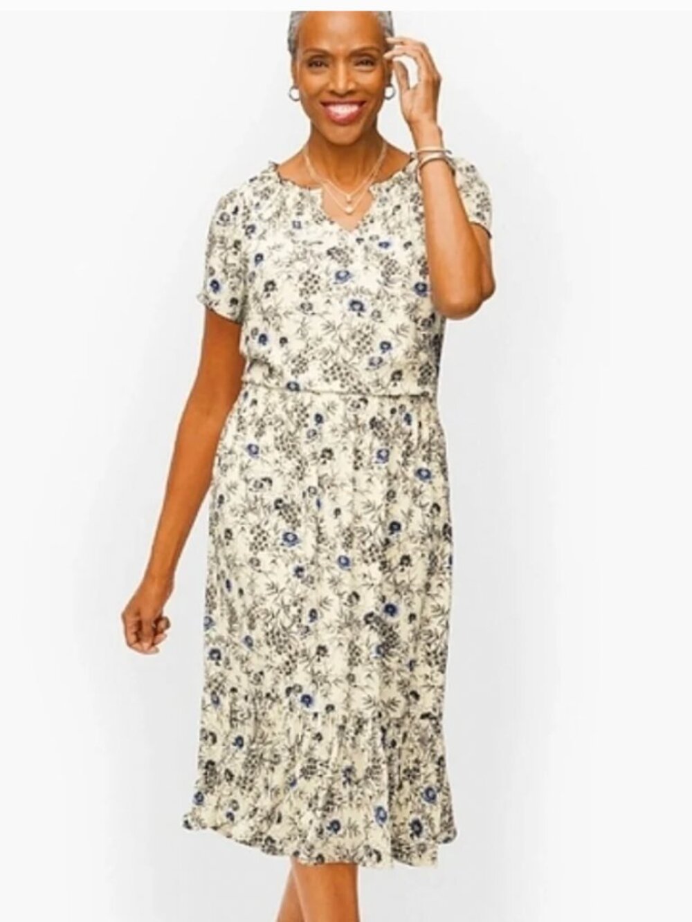 Talbots Petite Smocked Flare Dress with Blue & Black Flowers on Cream